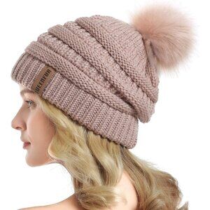 Women Rose Pink Soft Acrylic Thick Baggy Knit Winter Faux Fur Pompom Beanie